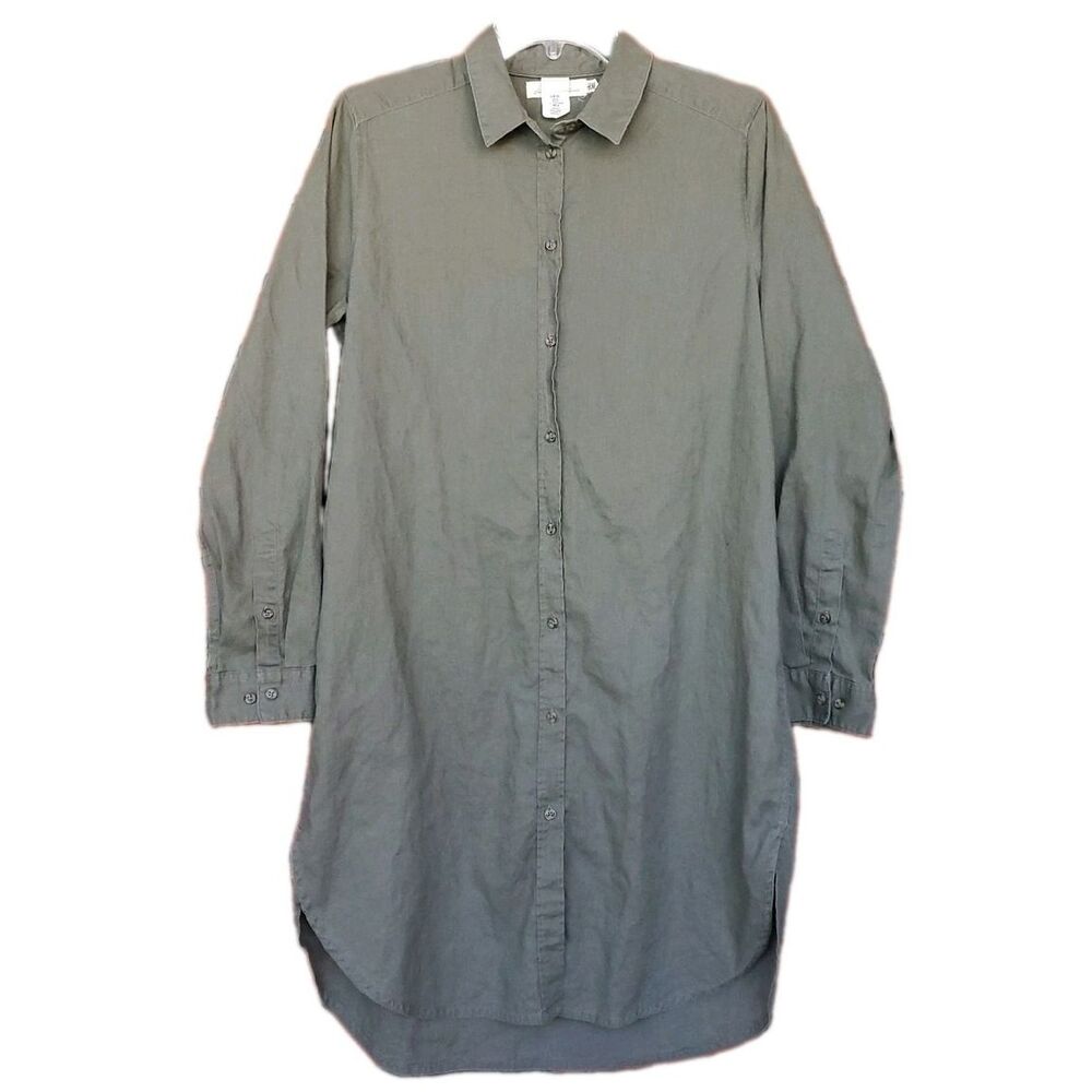 Long Sleeve Button Front Shirt Dress Size 8 Green Linen Cotton Blend Knee Length